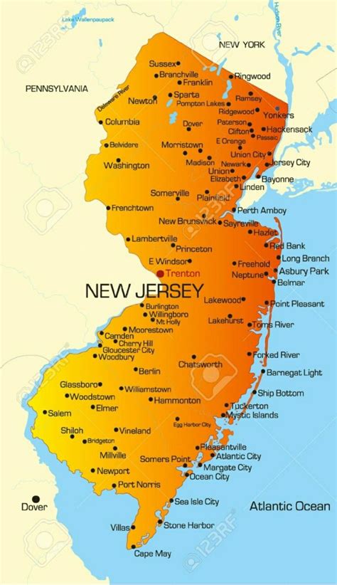 A Map Of New Jersey With All The Towns And Major Roads In Orange