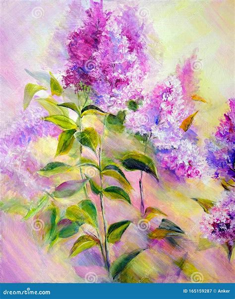 Thickets Of Lilac Bush At Sunrise Oil Painting Stock Image Image Of