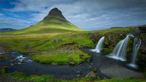 Wallpaper Iceland Waterfall Kirkjufell Scenery Green Field Clouds