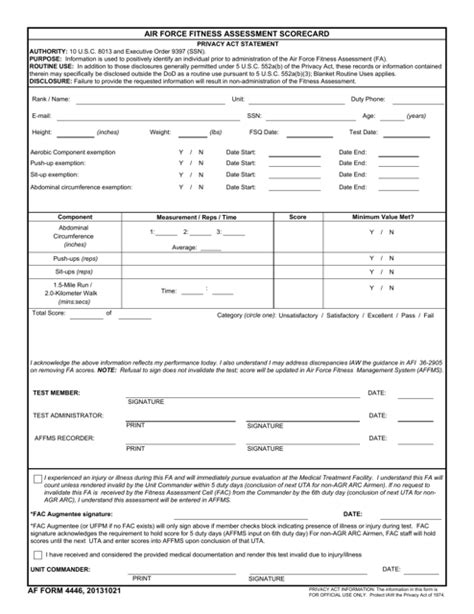 Air Force Fitness Test Score Sheet Airforce Military