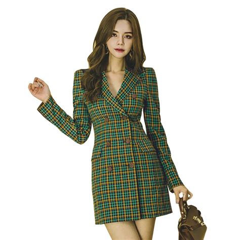 2018 New Autumn Women S Plaid Suit Lapel Long Sleeved Double Breasted Blazers Temperament Office
