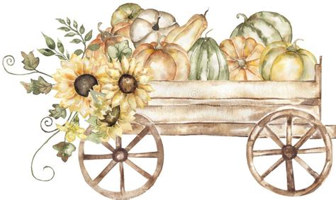 Watercolor Harvest Scene With Wooden Cart And Pumpkin Sunflowers And