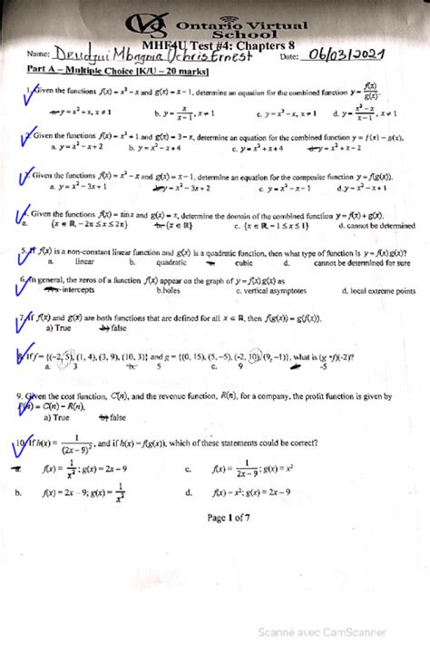 Ontario High School Ontario Math Mhf4u Unit 4 Test Marked Chapter 8