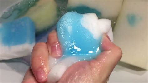 asmr sponges soapy squeezing with blue soap sponge water soap sounds youtube
