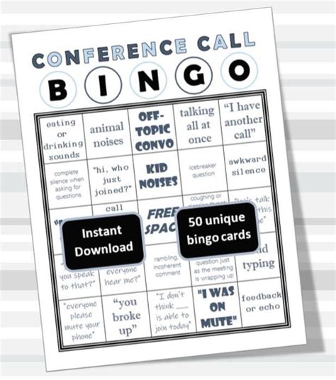 Conference Call Bingo Printable Cards Video Conference Work Meeting
