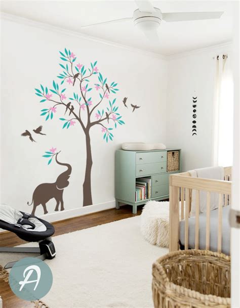 Tree Wall Decal Birds And Elephant Tree Decal Wall Mural Etsy