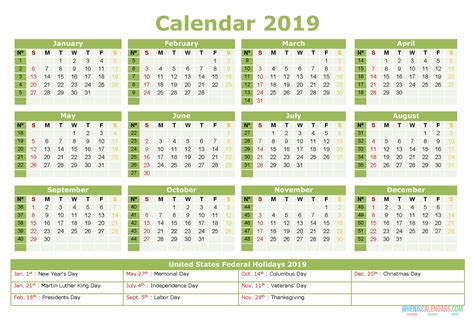 2019 Calendar With Holidays 12 Month On 1 Page Yearly Calendar