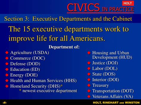 Today, the cabinet includes the vice president and 15 executive departments. PPT - Chapter 6 The Executive Branch PowerPoint ...