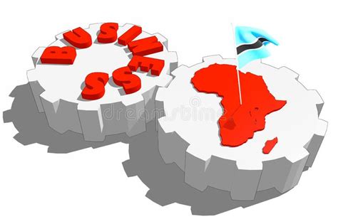 Business Word And Map Of Africa On Gears Waved Flag Of Botswana Stock