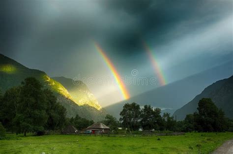 Double Rainbow In Mountains Stock Image Image Of Village Light