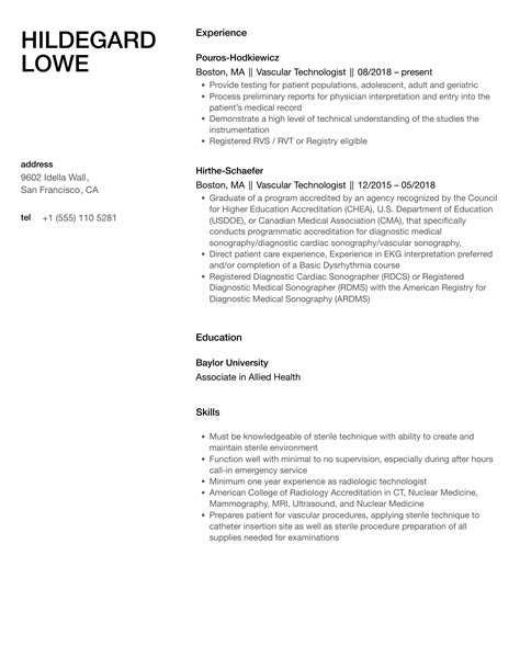 Vascular Technologist Resume Samples | Velvet Jobs