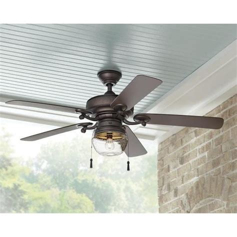 The functional style of this led ceiling fan blends together a schematic yet sophisticated form with the rustic trend of vibrant glass lights that create sparkling patterned shadows on the ceiling. Home Decorators Collection Bromley 52 in. LED Indoor ...