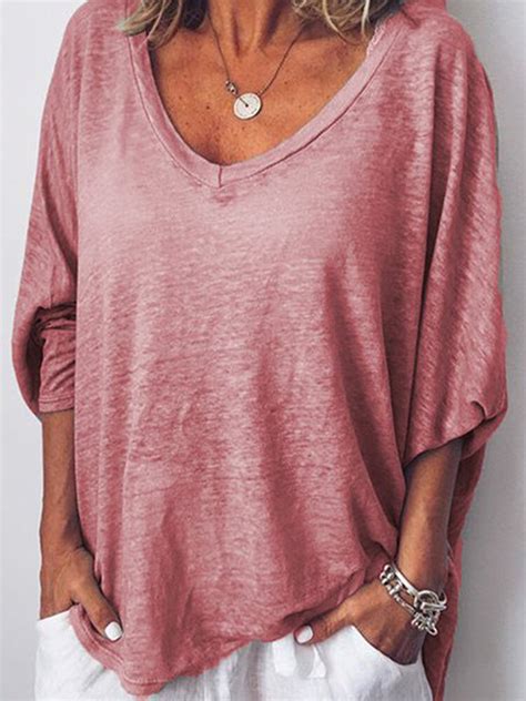 Women Loose V Neck Batwing Sleeve Casual T Shirts Sale