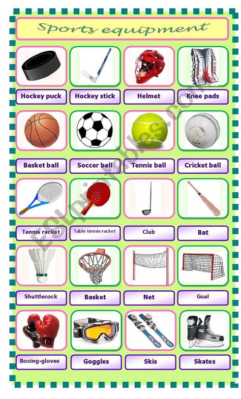 Sports Equipment Pictionary Esl Worksheet By Pet24