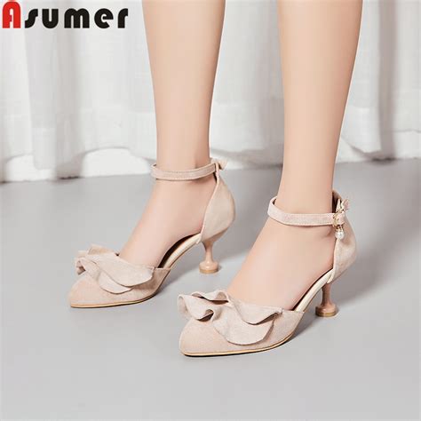 Asumer Big Size 33 43 High Heels Shoes Woman Pointed Toe Shallow Pumps Women Shoes Buckle Flock