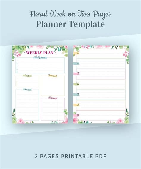 Floral Week On Two Pages Weekly Planner Template Instant Etsy