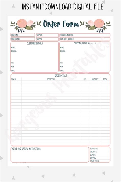 Order Form Printable For Business Client Order Form Etsy Business