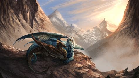 Fantasy Blue And Brown Dragons Are Sitting On Mountain Hd Dreamy