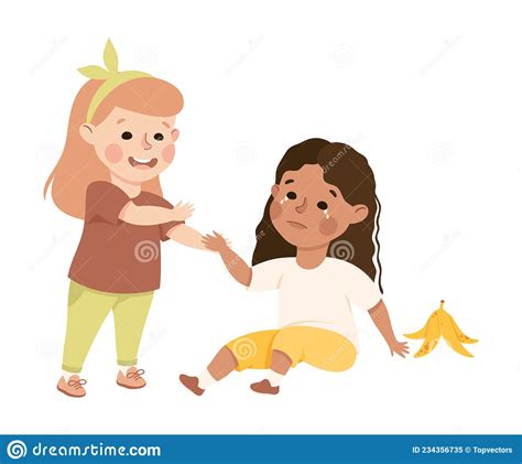 Little Girl Supporting And Comforting Sad Friend Hitting Banana Peel