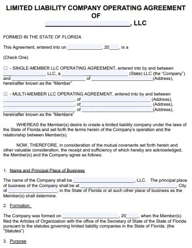 Printable Florida Llc Operating Agreement Templates Word Pdf