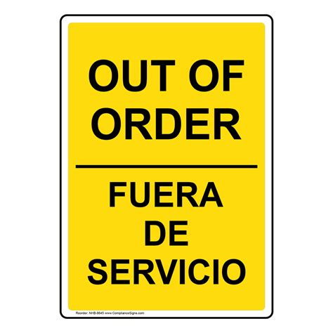 English Spanish Vertical Sign Out Of Order Made In Usa