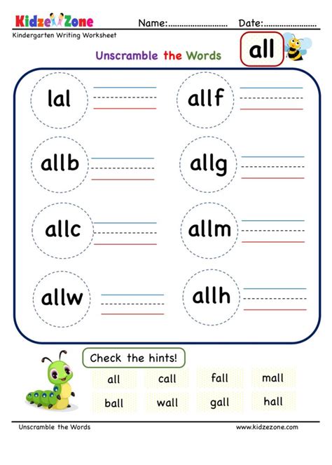 Vocabulary worksheets for preschool and kindergarten, including sight words, compound words, synonyms and antonyms and plural words. Kindergarten all word family Unscramble words worksheets