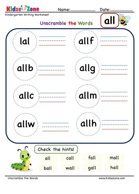 kindergarten all word family unscramble words worksheets