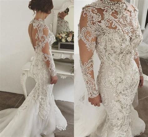 Luxury Rhinestones Mermaid Wedding Dresses High Neck Lace Applique Bridal Gowns Beaded Long