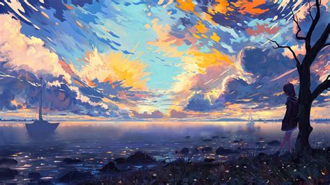Download 1920x1080 Anime Landscape Sea Ships Colorful Clouds Scenic Tree Horizon
