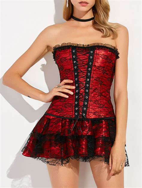 41 Off 2021 Lace Up Corset And Mini Skirt And Briefs In Red Dresslily