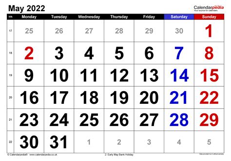 Calendar May 2022 Uk With Excel Word And Pdf Templates