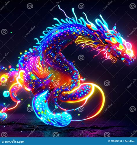 Colorful Neon Dragon On Black Background 3d Rendering 3d Illustration
