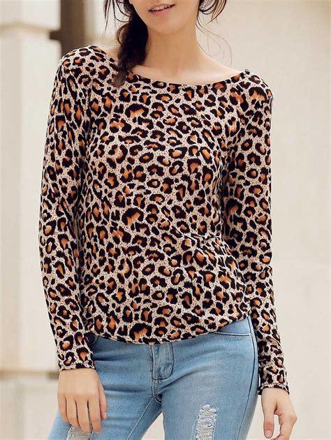 Off Stylish Round Neck Long Sleeve Leopard Print Backless Women S