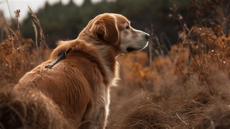Golden Retriever Is Looking Down At The Ground Background Back View Of