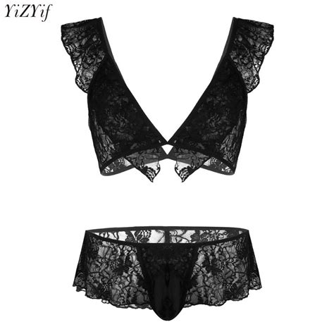 Yizyif Mens Sexy Lingerie Lace Bra And G String Thong Sissy Pouch