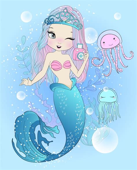 Premium Vector Hand Drawn Cute Mermaid With Jellyfish