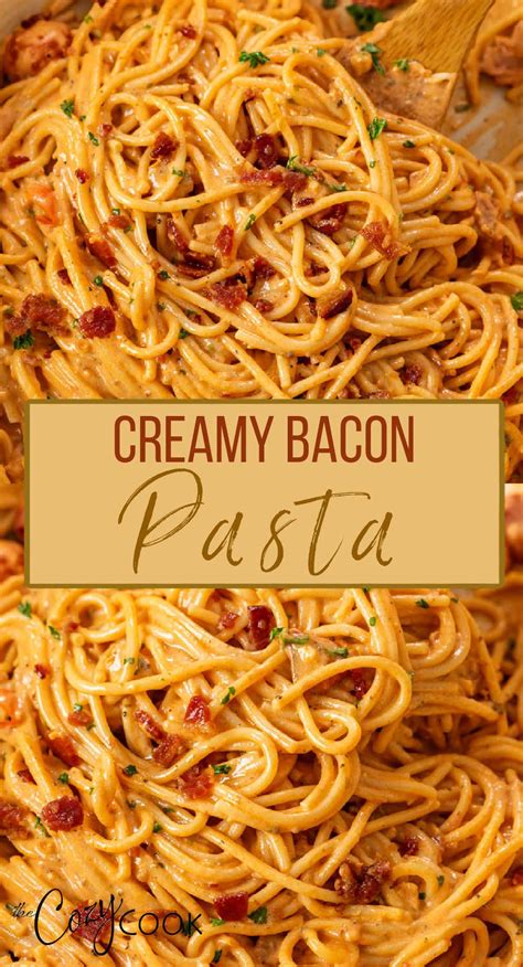 A Collage Of Creamy Bacon Pasta In A Red Cream Sauce With Crispy Bacon