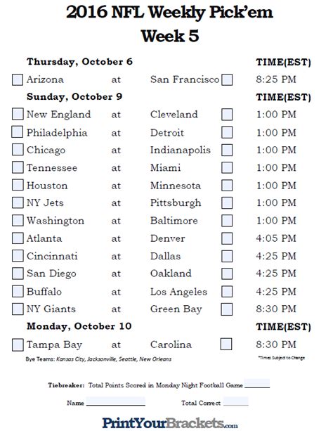 Fillable Week 5 Nfl Pickem Sheet 2016