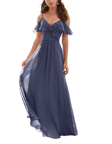 Marsen Womens Long Spaghetti Straps Prom Dresses Chiffon Ruffles Bridesmaid Dresses Navy Blue