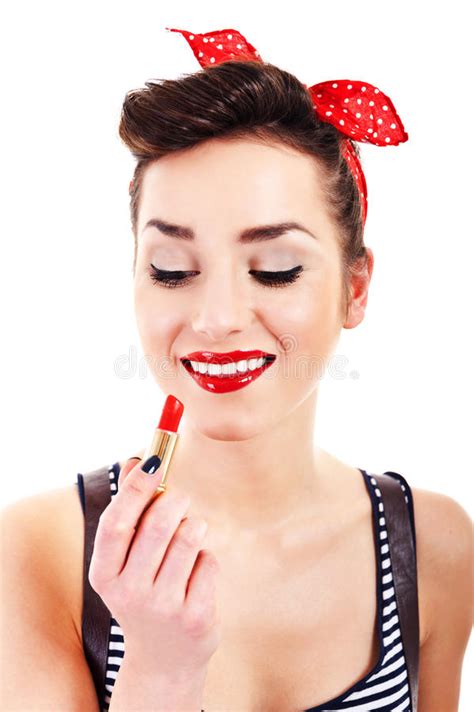 Beautiful Woman Applying Pink Lipstick On Lips Stock Photo Image Of Health Female
