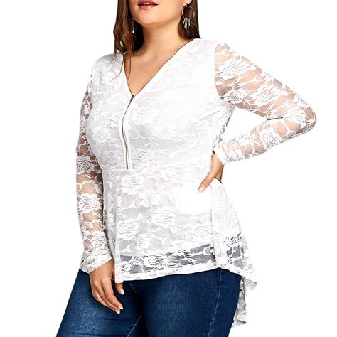 Zaful Plus Size Women Clothing Lace Dip Hem Peplum Top Blouses Shirts