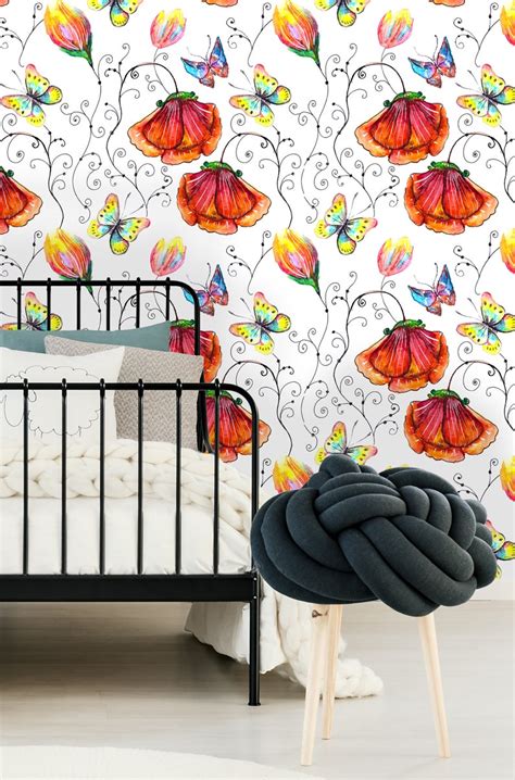 Removable Wallpaper Self Adhesive Wallpaper Poppy Flowers And Etsy