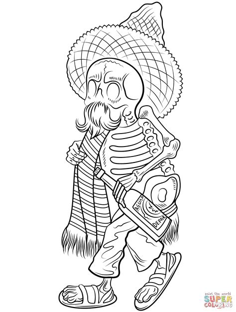 Gambar Day Dead Skeleton Poncho Sombrero Coloring Page Click Pages