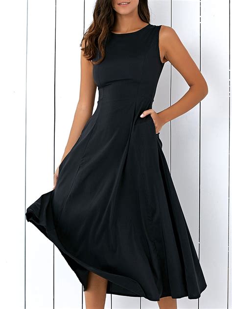 Casual Round Neck Sleeveless Loose Fitting Midi Dress For Women Black L In Casual Dresses