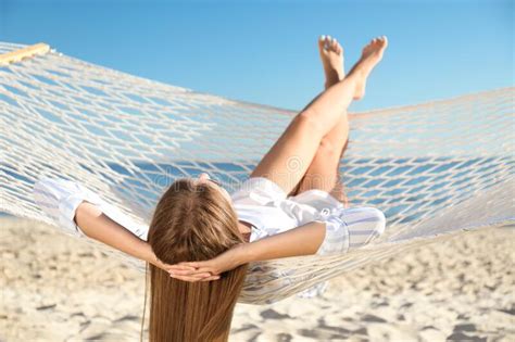 Young Woman Relaxing In Hammock On Beach Stock Image Image Of Exotic Lounge 209598585