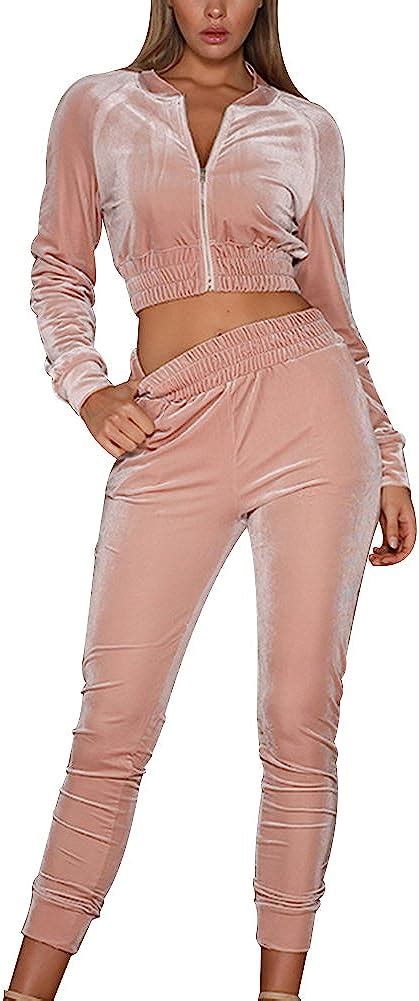 Women Velour Velvet Tracksuit Zip Up Crop Tops Long Pants Playsuit Sport Gym Jogging Suit