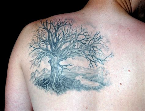 Mens Shoulder Black Tree Tattoo