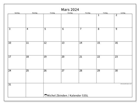 Kalender For Mars 2024 For Utskrift “53sl” Michel Zbinden No