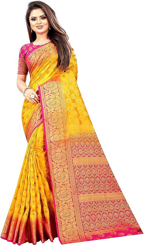 Womens Yellow Kanjivaram Silk Sarees Pure With Blouse Piece