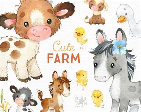 Cute Farm Watercolor Country Clipart Horse Cow Chicken Goose Fun